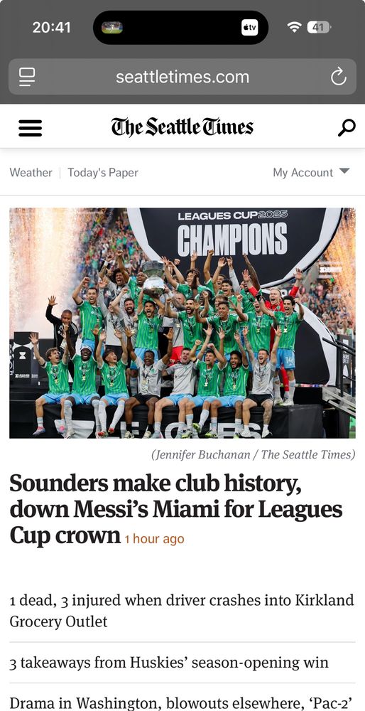 Seattletimes.com headline on their website “Sounders make club history, down Messi’s Miami for Leagues Cup crown”