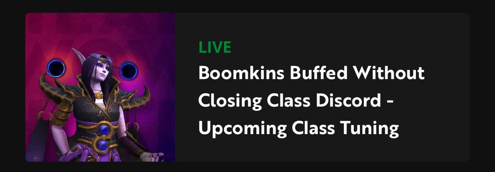 Headline from Wowhead article “Boomkins Buffed Without Closing Class Discord - Upcoming Class Tuning”