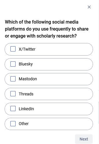Which of the following social media platforms do you use frequently to share or engage with scholarly research?
X/Twitter
Bluesky
Mastodon
Threads
LinkedIn
Other