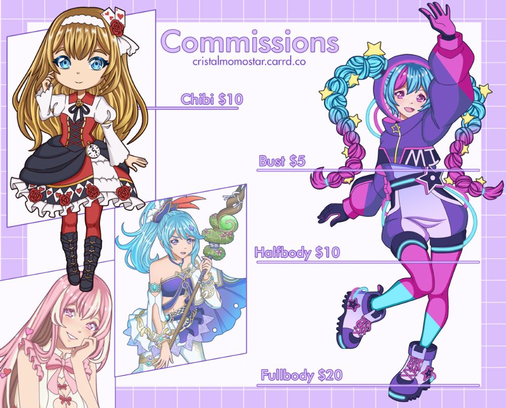 An informational sheet for my commissions. it includes my carrd domain (link provided in text), as well as my commission prices in USD:
Chibi $10, Bust $5, Halfbody $10, Fullbody $20
