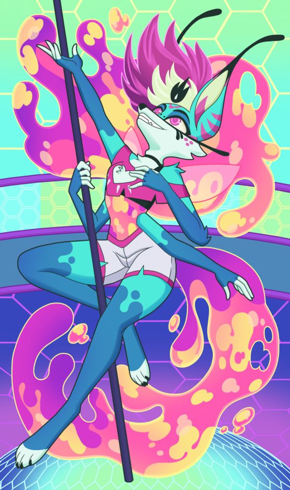 Fanart of Beelzebub from Helluva Boss. Inspired by her song "Cotton Candy". Done in her rave color scheme.