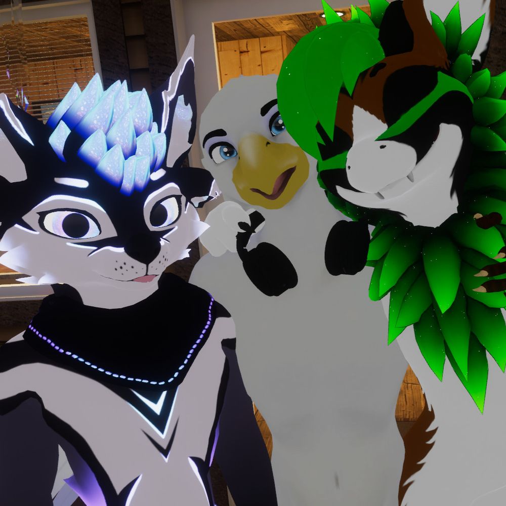 A selfie picture from VR featuring TheBlackParrot (left), my OC (center) and Treetender (right).