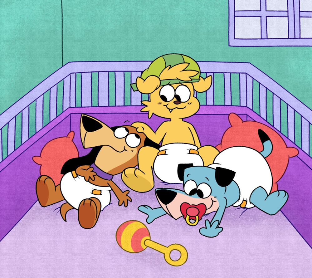 My sona laying in a baby crib patting Doggie Daddy while Huckleberry is reaching for his baby rattle.