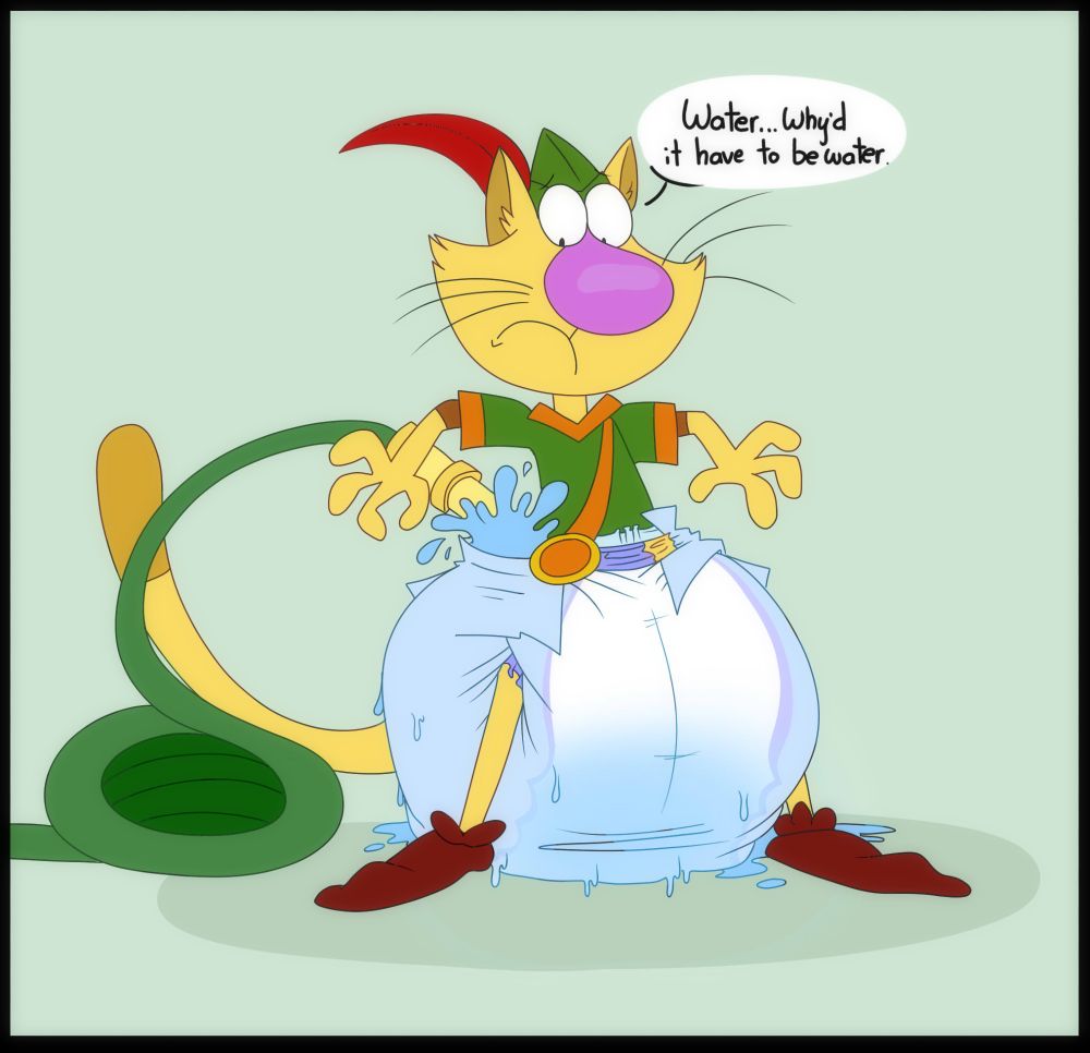 Nature Cat having his diaper inflated by a water hose