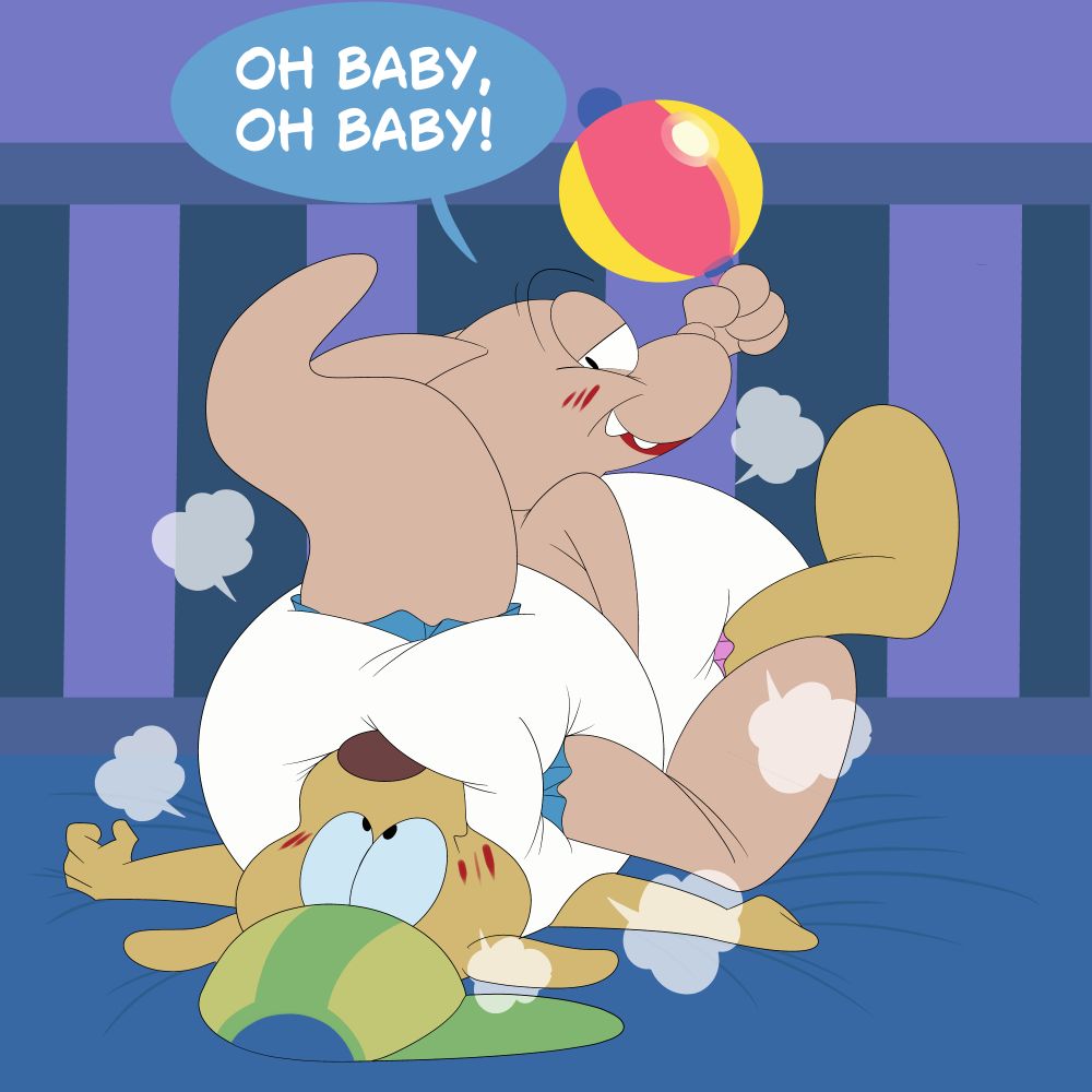 Rocko sitting on BD face with his fat poofy diaper saying "Oh Baby Oh Baby"