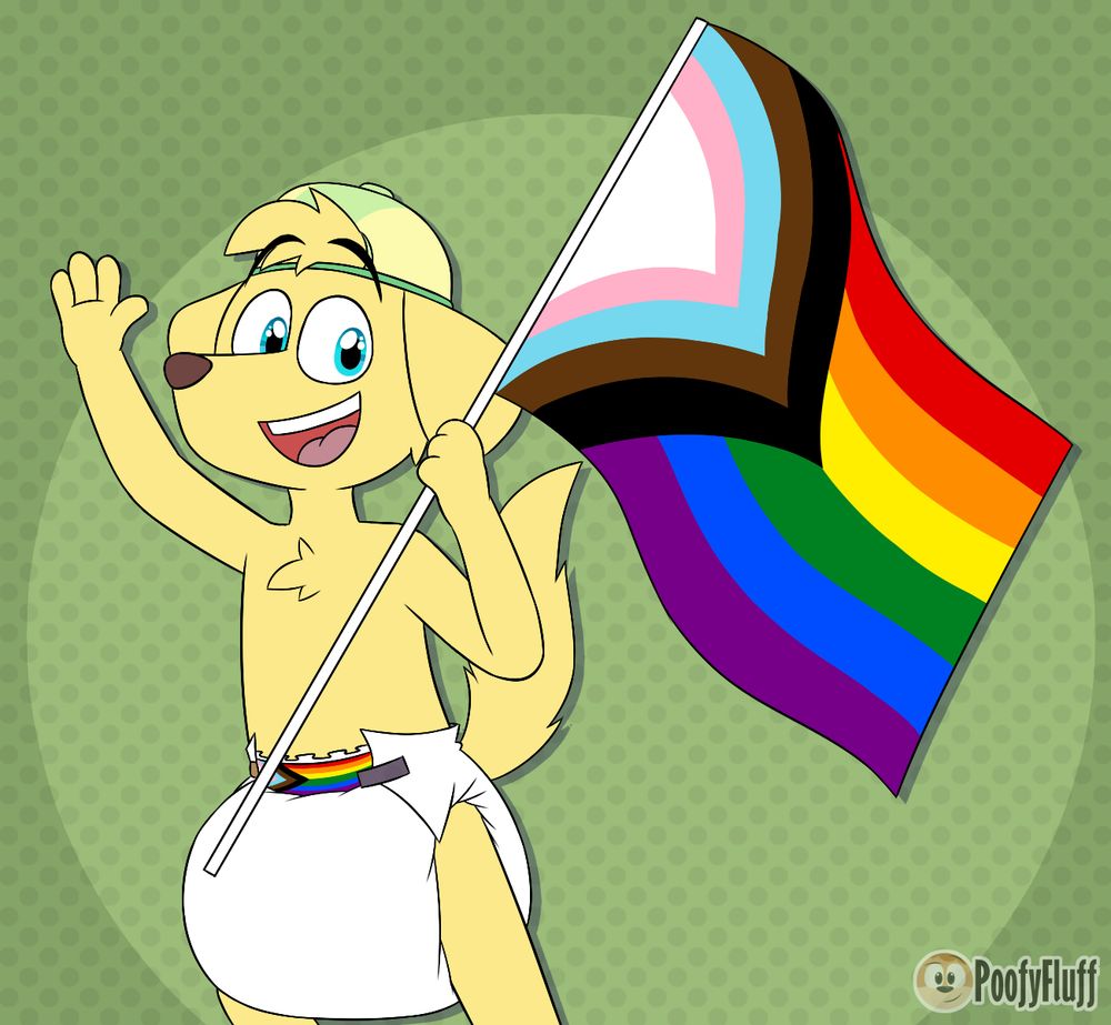 BD(me) waving a pride flag while wearing a poofy diaper without overalls