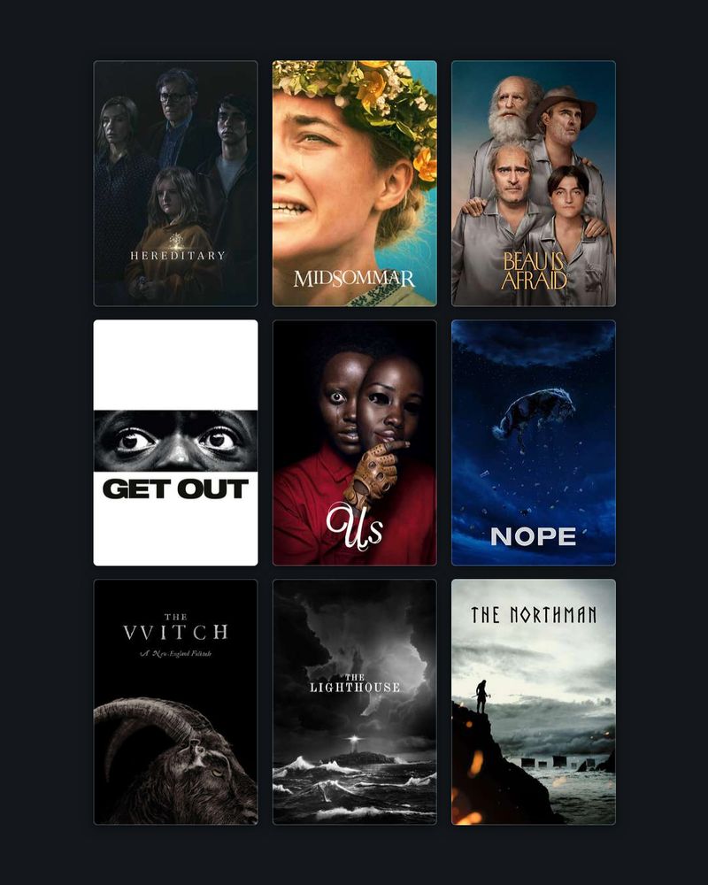 A grid of movie poster thumbnails including 'Hereditary,' 'Midsommar,' 'Beau is Afraid,' 'Get Out,' 'Us,' 'Nope,' 'The Witch,' 'The Lighthouse,' and 'The Northman.'