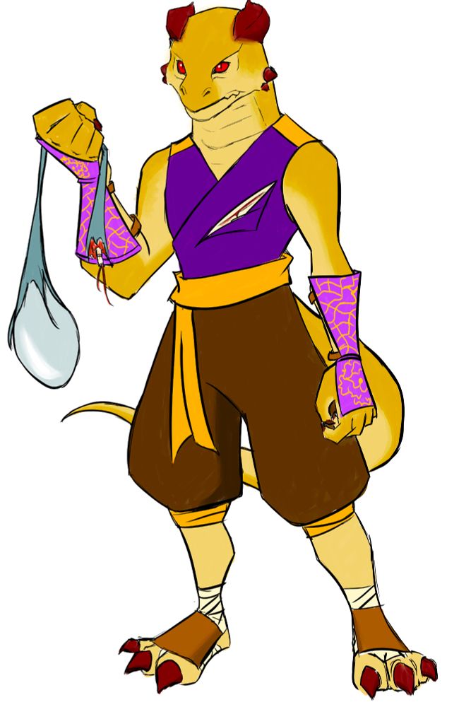 Full-body picture of Roshan, a gold dragonborn with red eyes, horns and claws, is dressed in purple and brown, holding the torn-off lure of a sea hag.