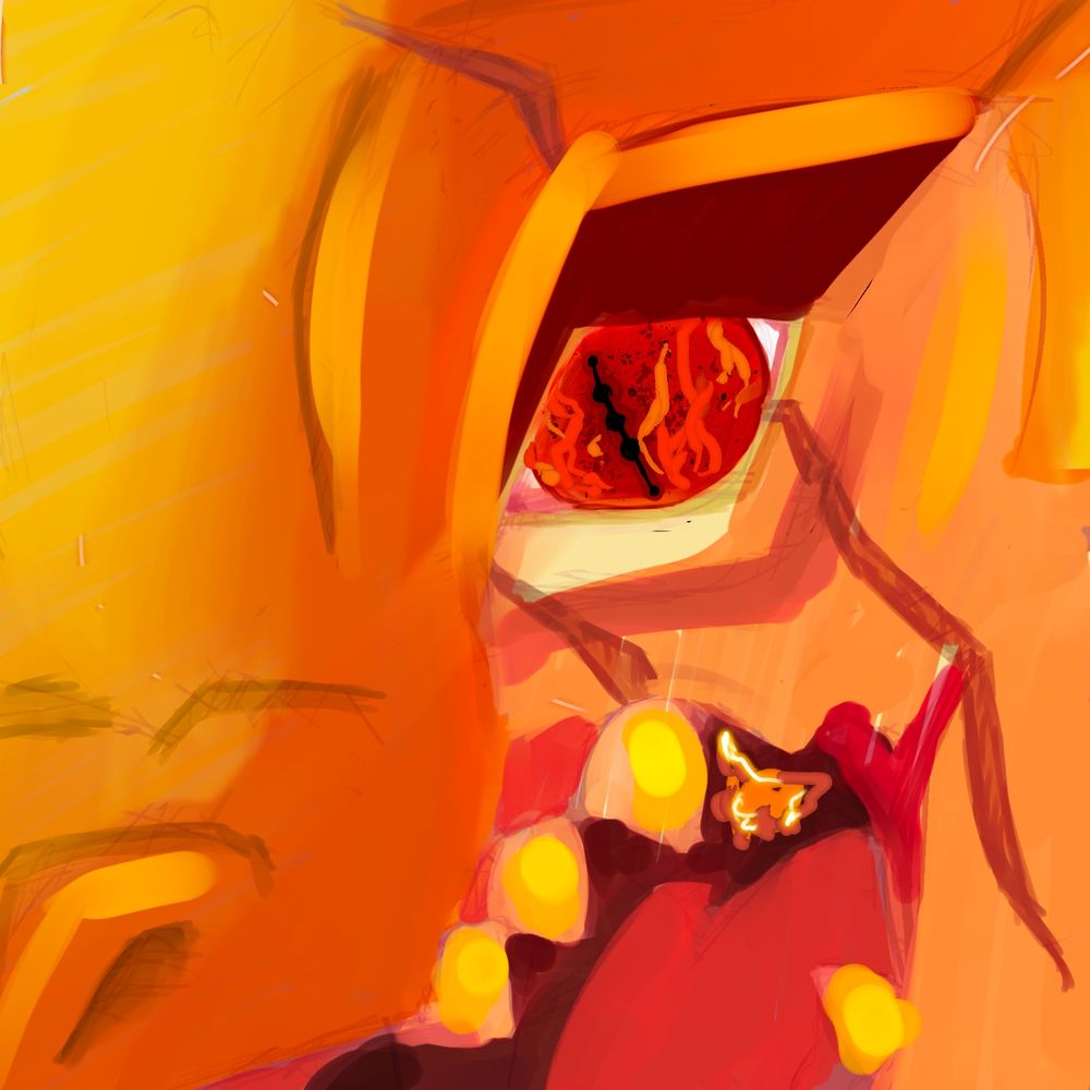 A zoomed in shot of the face of Roshan, post-firebreathing, reflecting a fire in her red eyes.