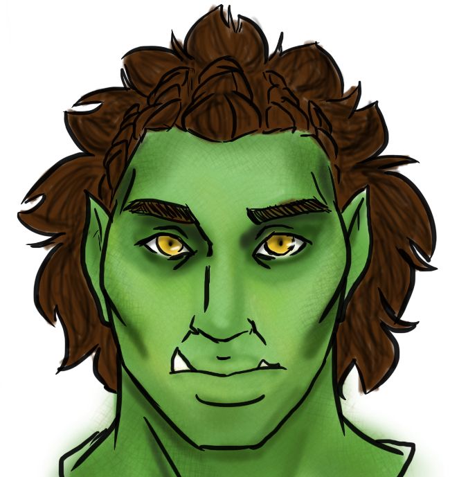 Ghayth, a green skinned half-orc with brown hair and golden eyes from the neck up
