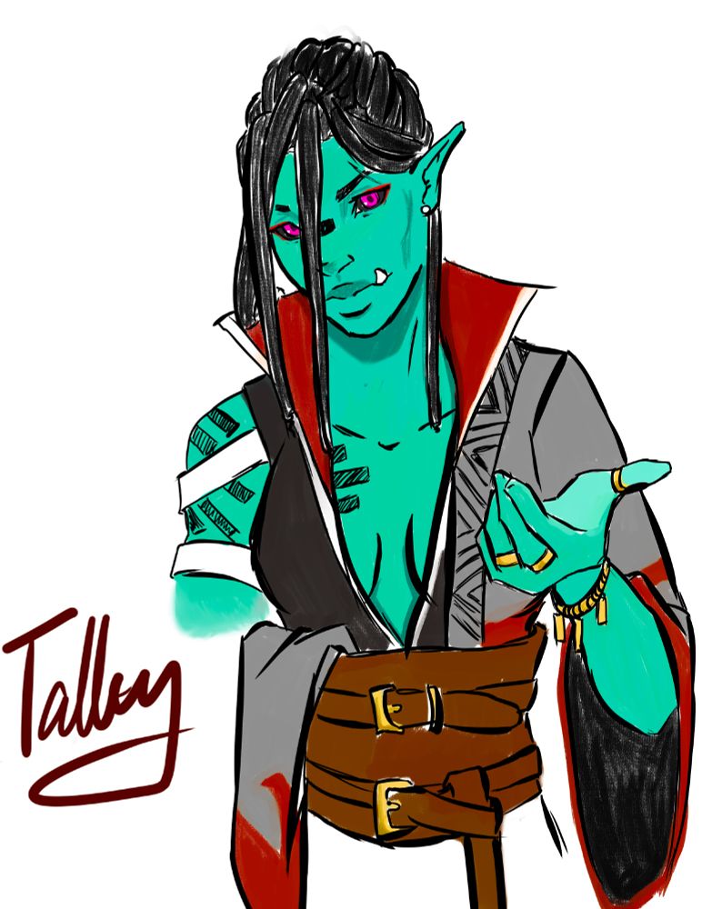 Tally, a teal-skinned, black haired half-orc with black tattoos cosplaying as Ais from Touchstarved.