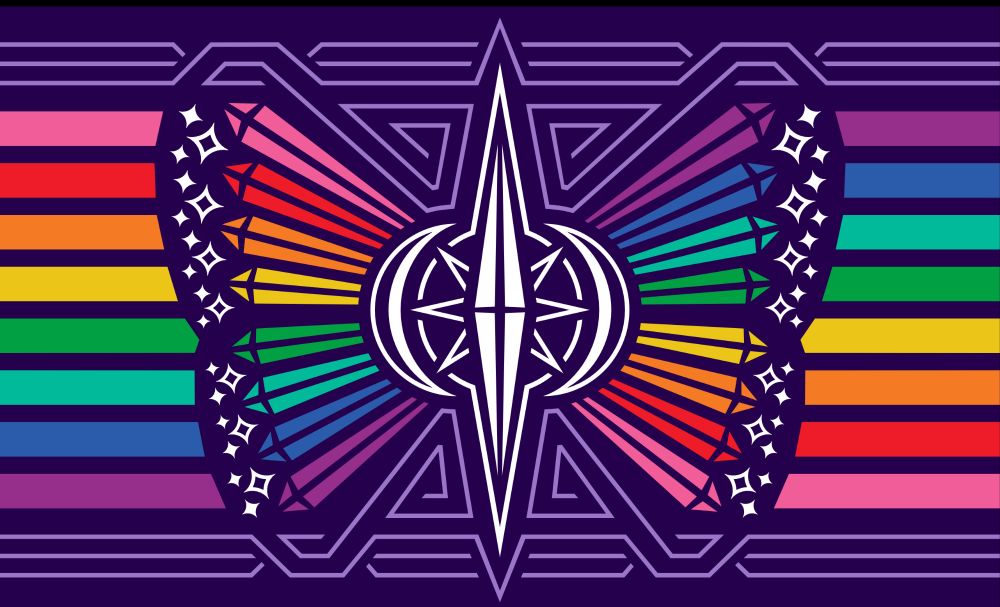 A pride flag consisting of an indigo background and 8 slightly separated color stripes going across horizontally - Hot Pink, Red, Orange, Yellow, Green, Turquoise, Blue, and Violet. The stripes change into crystalline shapes as they get closer to the center, with the color order inverting as they go across to the other side. The crystals make up the shape of a butterfly's wings. In the center is a white diamond with horizontal and vertical lines dividing it into quarters. The diamond is surrounded by a thin white outline in the shape of a sunburst, and flanked by crescent moons on either side. There are several groups of 3 small white 4-pointed stars on the tips of the wings. There are thin geometric lavender-colored accent lines going horizontally along the top and bottom edges, as well as a triangular spiral pattern between the diamond & wings.