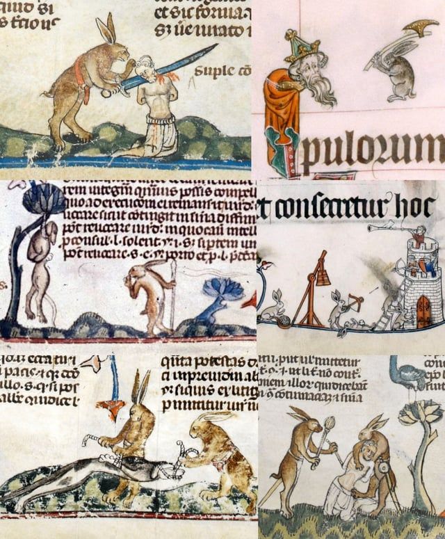 A series of illustrations of very violent killer rabbits from medieval manuscripts