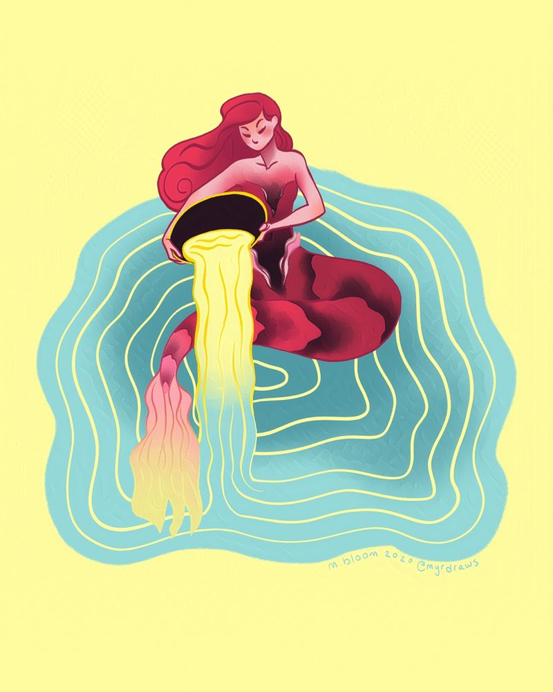 A digital painting of a pink mermaid on stylistic blue water with a pale yellow backround. She sits peacefully, looking down at the large bowl of water she's gently pouring water from. The water starts the same yellow as the background and as it joins the water she's sitting in, flows into the blue, implying a cycle.