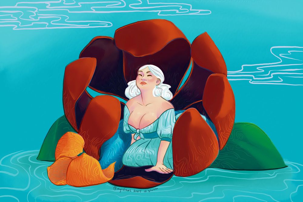 A digital illustration of a white-haired mermaid in a white dress with a blue-and-orange tail sitting, pleased, in a very large flower blossom. She has her weight forward on her hands as she leands out of the shadow of the giant petals and her eyes are closed in a content expression.