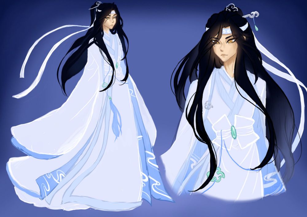 A headshot and fullbody of Lan Wangji in a redesign