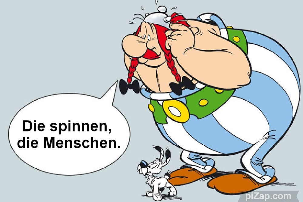 Cartoon:

Obelix, ein ziemlich runder Gallier in blau-weißer Hose, mit roten Zöpfen und Bart, und einem kleinen Hund zu seinen Füßen, tippt sich an die Stirn. Beide schauen auf eine Sprechblase von Obelix, in der steht "Die spinnen, die Menschen."