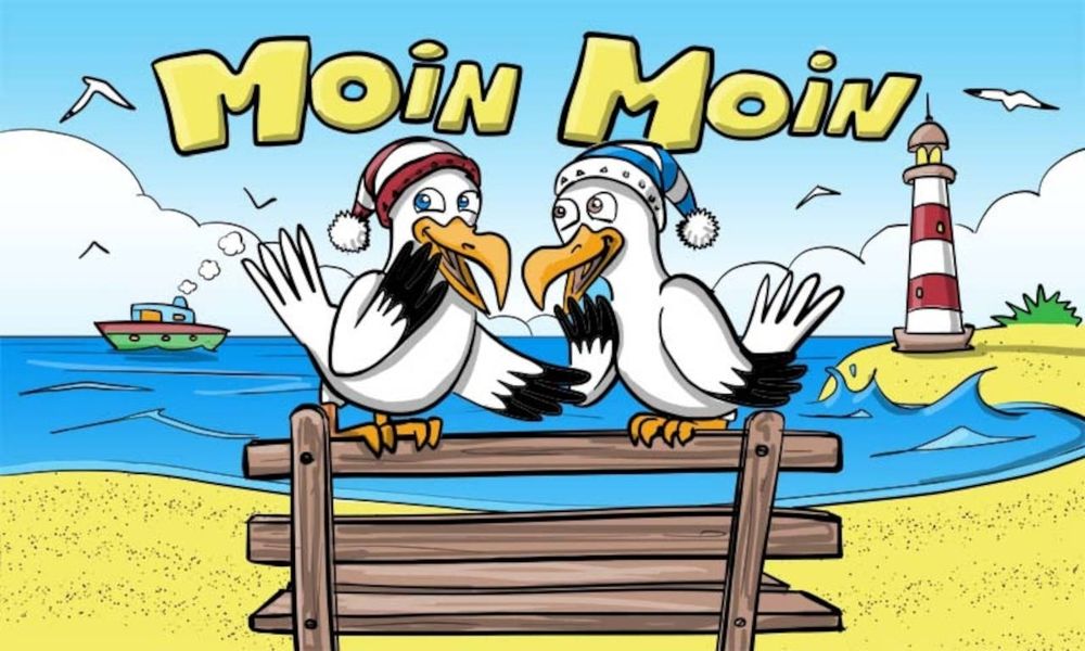 Two funny cartoon seagulls on a beach bench saying "Moin Moin". Boat, water and lighthouse in the background