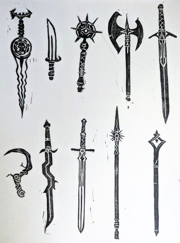 A messy lino cut print of 10 Baldur's Gate 3 weapon including Blood of Lathander, Karlach's axe, Phalar Aluve, Sussur sickle, Everburn blade and The Spear of the Night that Shadowheart (usually) gets. 