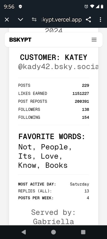 A receipt reading
customer:Katey
Favorite Words: Not, People, Its, Love, Books