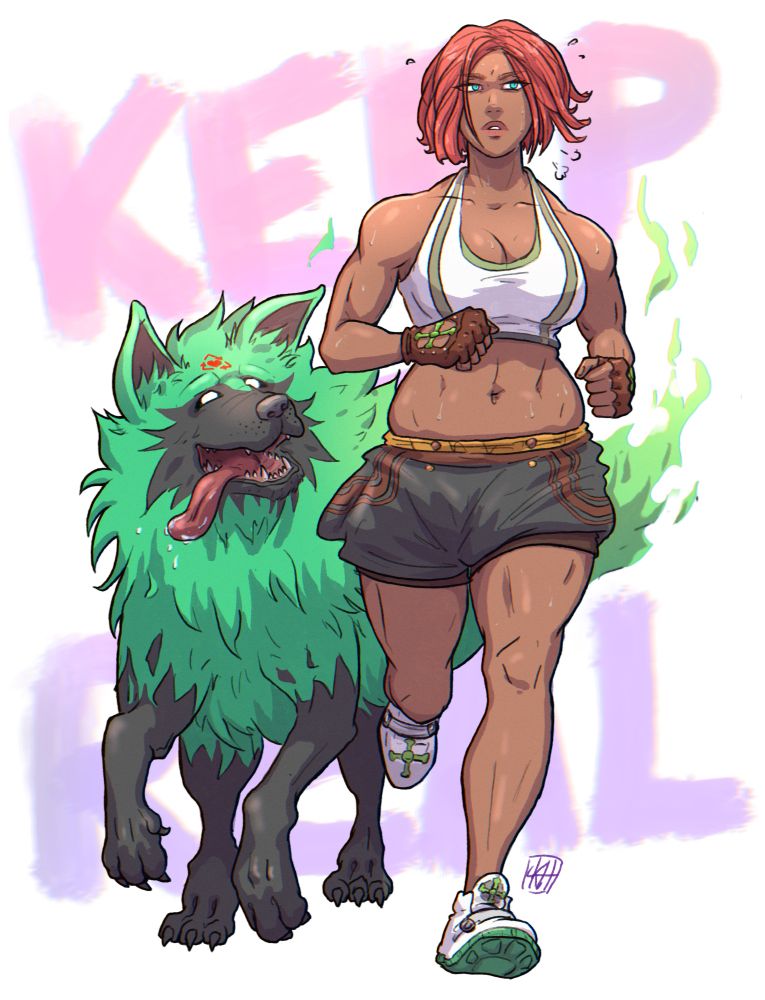 Giovanna from Guily Gear Strive, sweatily jogging in a sports bra, shorts and sneakers similarly coloured to her normal attire. Her ghost dog Rei is running next to her, looking up at her happily with tongue lolling out. In the background is the words KEEP IT REAL.