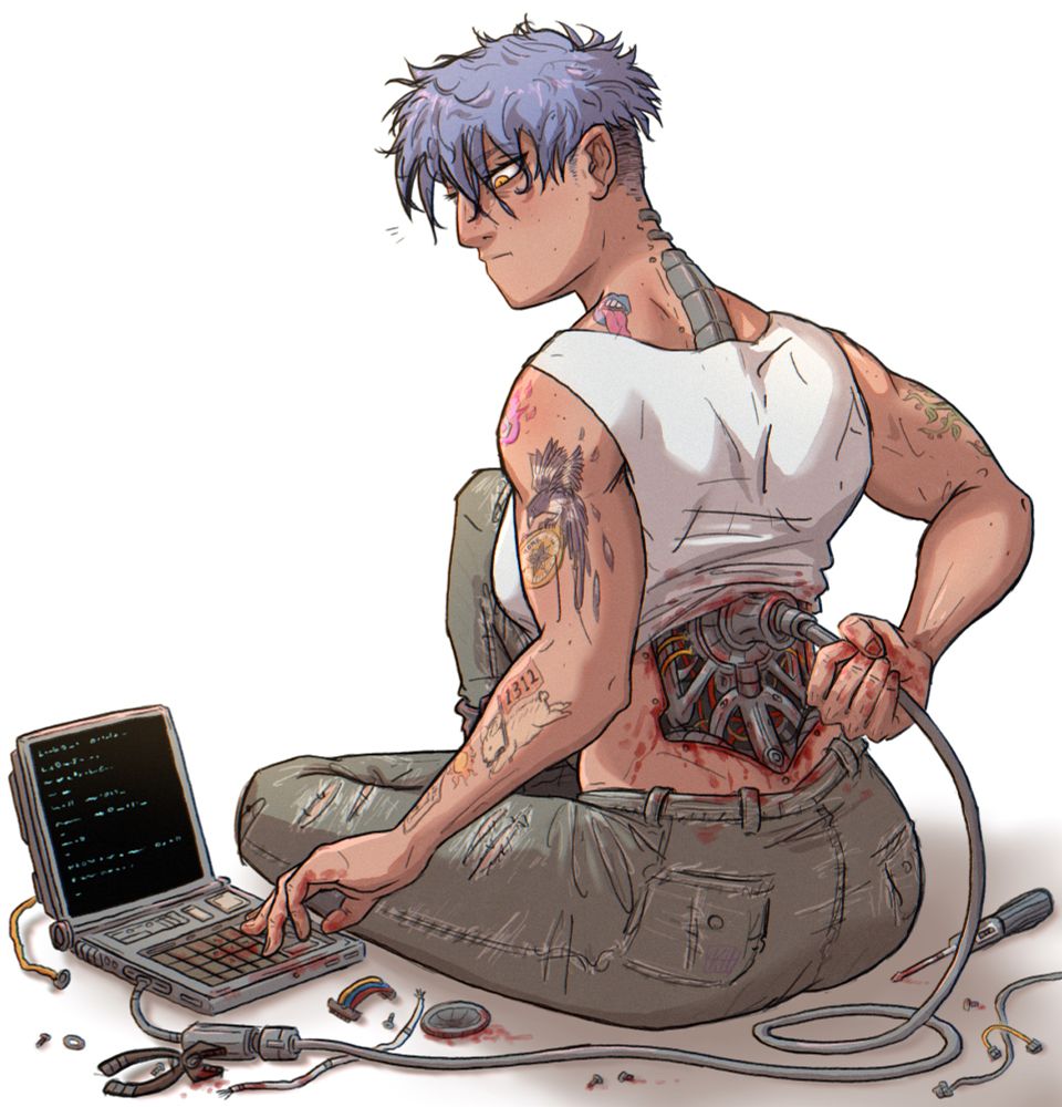 My cyborg OC Sigur sitting on the ground with the back of her shirt pulled up revealing an open back panel with mechanisms and wiring exposed. She has a cable connected to a port in her back leading to a clunky looking laptop, doing diagnostics.