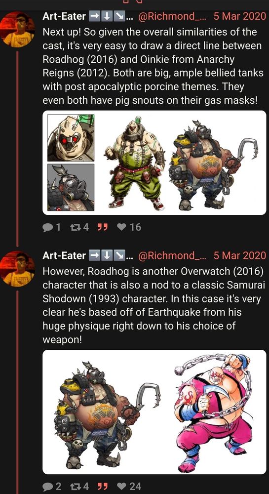 Next up! So given the overall similarities of the cast, it's very easy to draw a direct line between Roadhog (2016) and Oinkie from Anarchy Reigns (2012). Both are big, ample bellied tanks with post apocalyptic porcine themes. They even both have pig snouts on their gas masks!
Art-Eater ➡️⬇️↘️🐲👊
@Richmond_Lee
5 Mar 2020
However, Roadhog is another Overwatch (2016) character that is also a nod to a classic Samurai Shodown (1993) character. In this case it's very clear he's based off of Earthquake from his huge physique right down to his choice of weapon!
