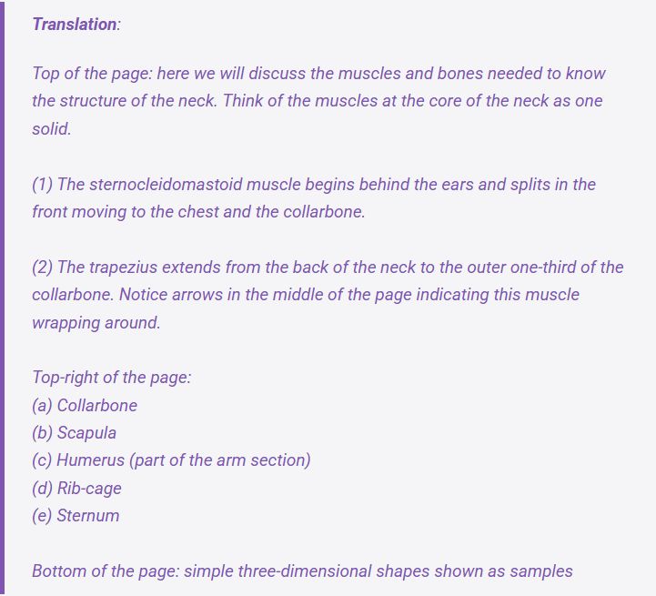 Translation:

Top of the page: here we will discuss the muscles and bones needed to know the structure of the neck. Think of the muscles at the core of the neck as one solid.

(1) The sternocleidomastoid muscle begins behind the ears and splits in the front moving to the chest and the collarbone.

(2) The trapezius extends from the back of the neck to the outer one-third of the collarbone. Notice arrows in the middle of the page indicating this muscle wrapping around.

Top-right of the page:
(a) Collarbone
(b) Scapula
(c) Humerus (part of the arm section)
(d) Rib-cage
(e) Sternum

Bottom of the page: simple three-dimensional shapes shown as samples