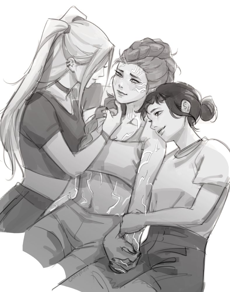rumi from kpop demon hunters having her head tilted up (lovingly) by mira, and held from behind by zoey (also lovingly). her marks are on display