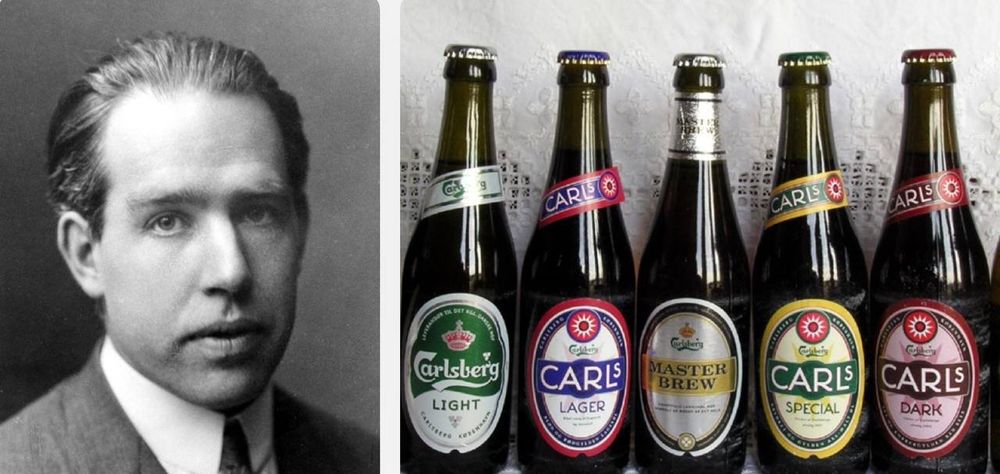 Das zweigeteilte Foto zeigt links Niels Bohr und rechts mehrere Bierflaschen