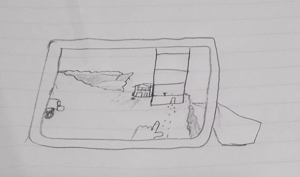 A framed picture, it appears to be some sort of stripped building in the edge of a cliff, along with a garage besides it, a hand pointing at the building. A car is barely visible but it's mostly cut out in the left side of the picture (seemingly the one from the person taking the picture) 