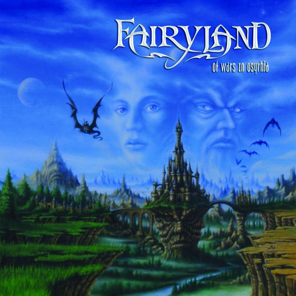 Fairyland - Of Wars in Osyrhia cover art. Features a fantastical forest landscape, and a large castle perched on top of a massive rock pillar in the middle of a valley. The pillar has a sleeping face etched into it for some reason. There is a mountain in the distance bearing a comically large frown, seemingly staring at the castle / rock pillar. Maybe it's sad that its friend lives so far away? There are also two massive faces made of clouds in the sky, judging the scene from afar in silent contemplation. 