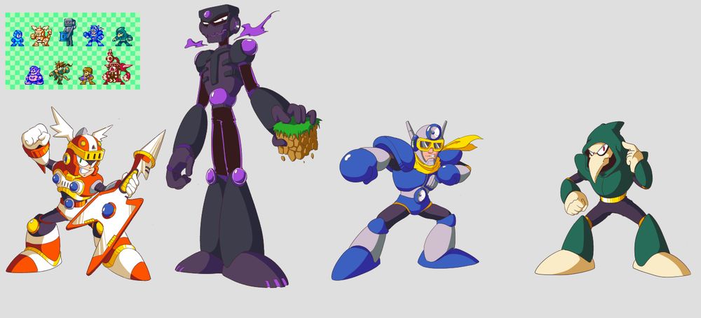 Robot Master renditions of Gitaroo Man, Ender Man, Sonic-Blast Man and Quiet Man