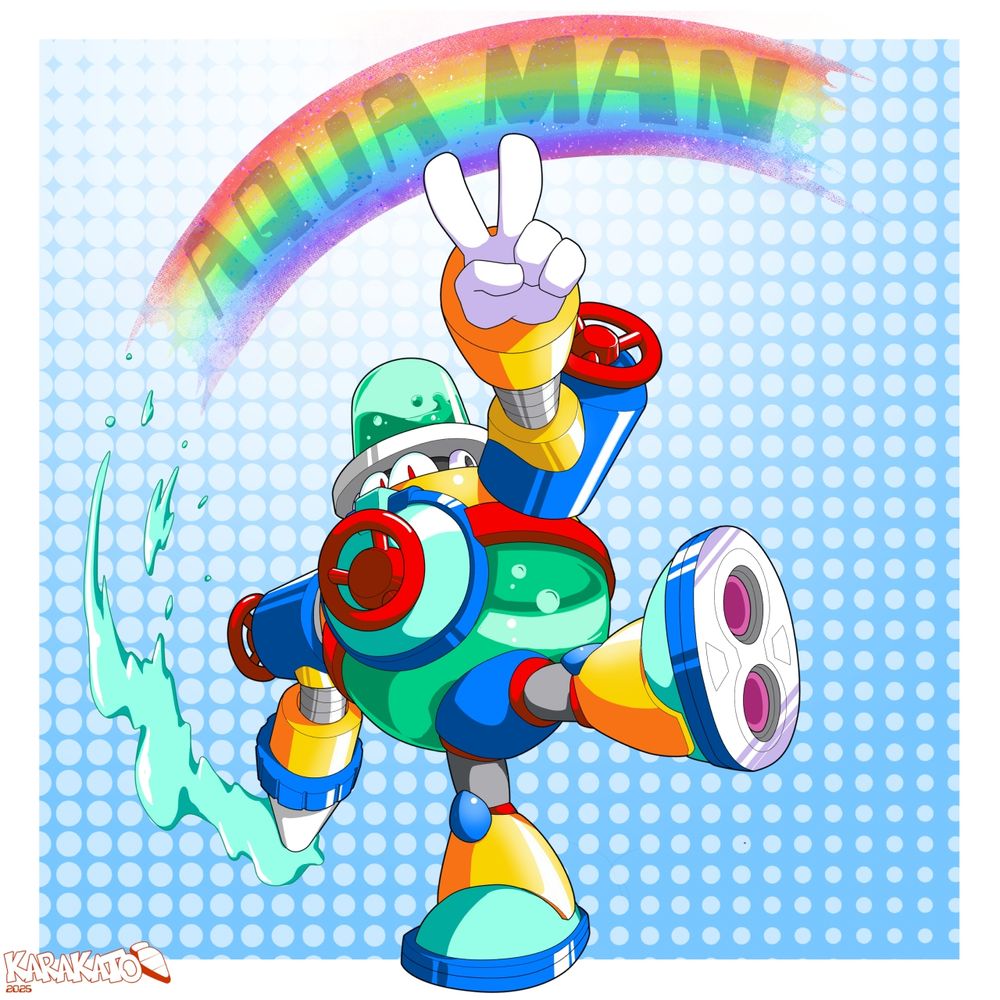 Aqua Man from Mega Man 8 standing on one leg while doing the peace sign as a rainbow spelling his name hovers above him.