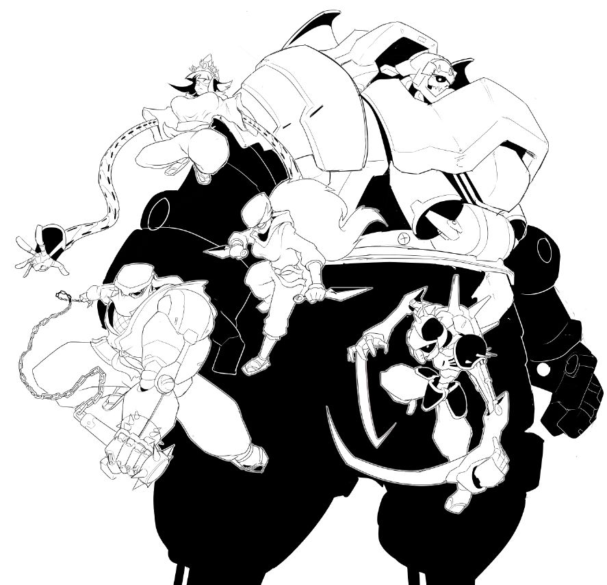 Lineart of 5 ninja robots.