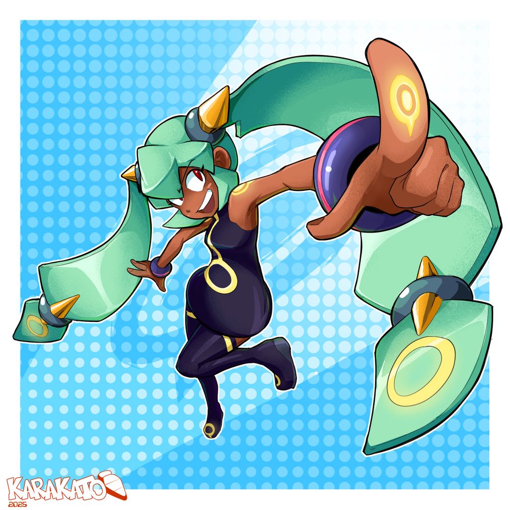 Yuna from Mega Man Legends 2 in a forward finger pointing pose.