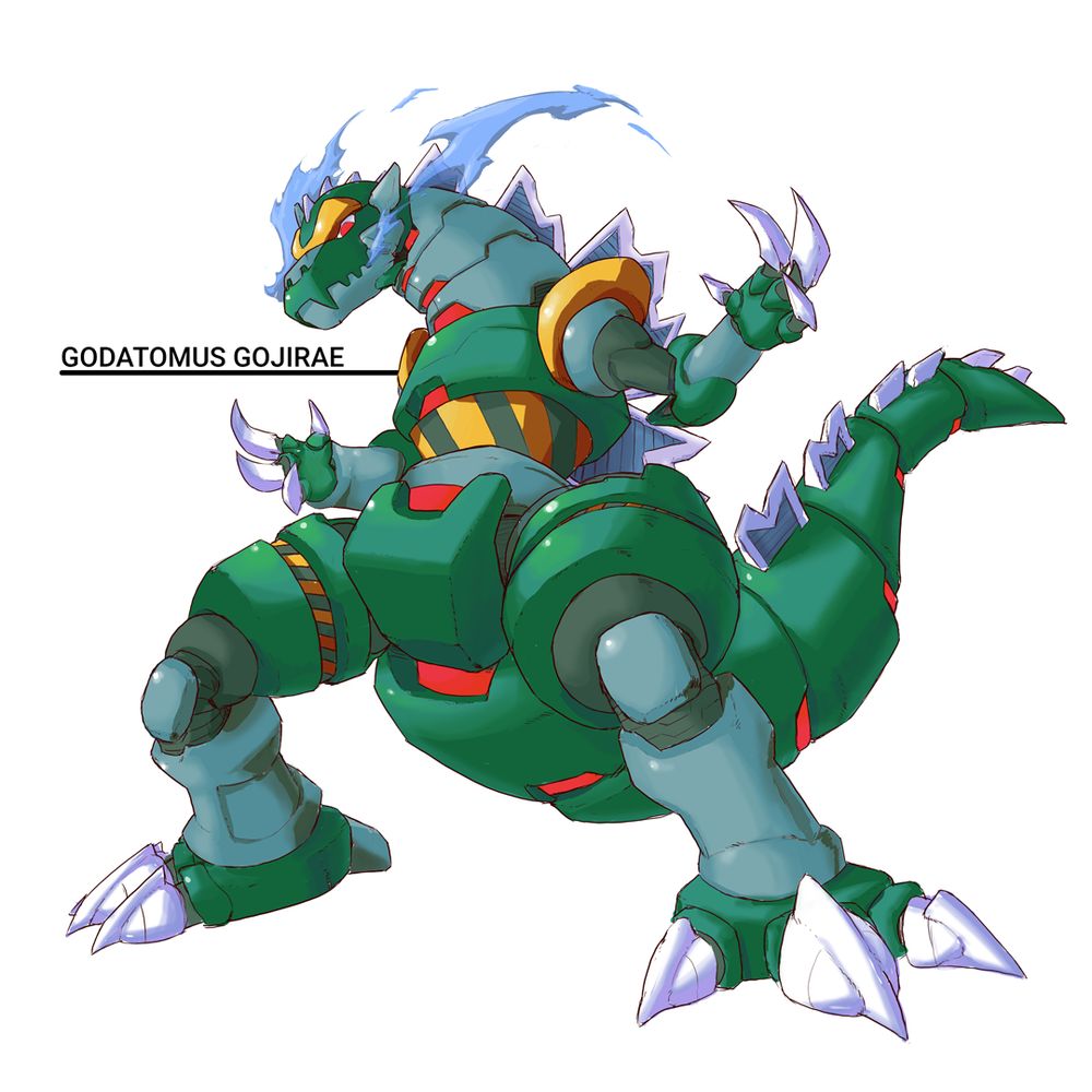 Godzilla drawn as a Mega Man Zero Mutos Reploid, "Godatomus Gojirae"