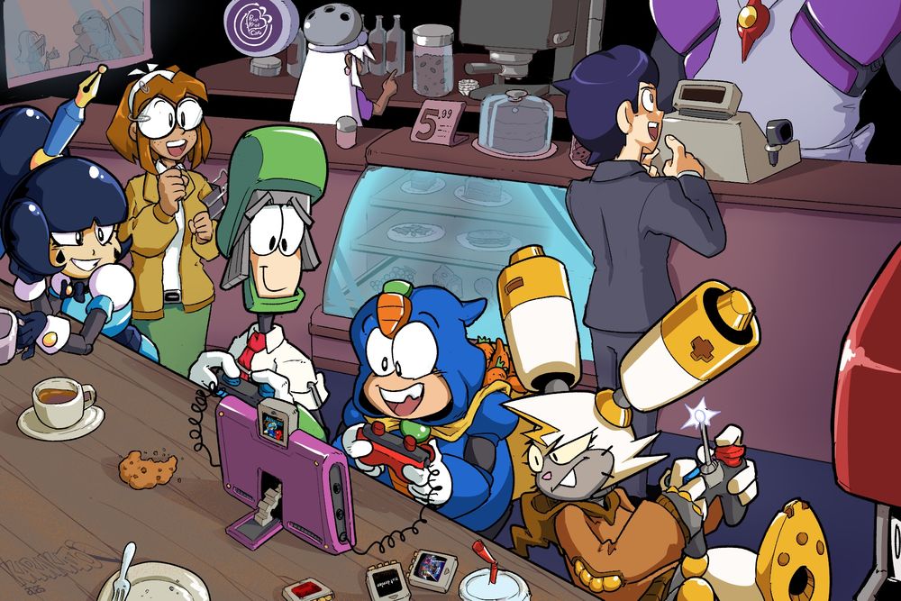 3 robots (Stanley Stapleman, Karrot Man and H.H.) playing a multiplyer game on a handheld hybrid device in a cafe setting. Multiple cafe patrons suh as Ink, Clip and Preston Puncherman spectate the 3 gamers.