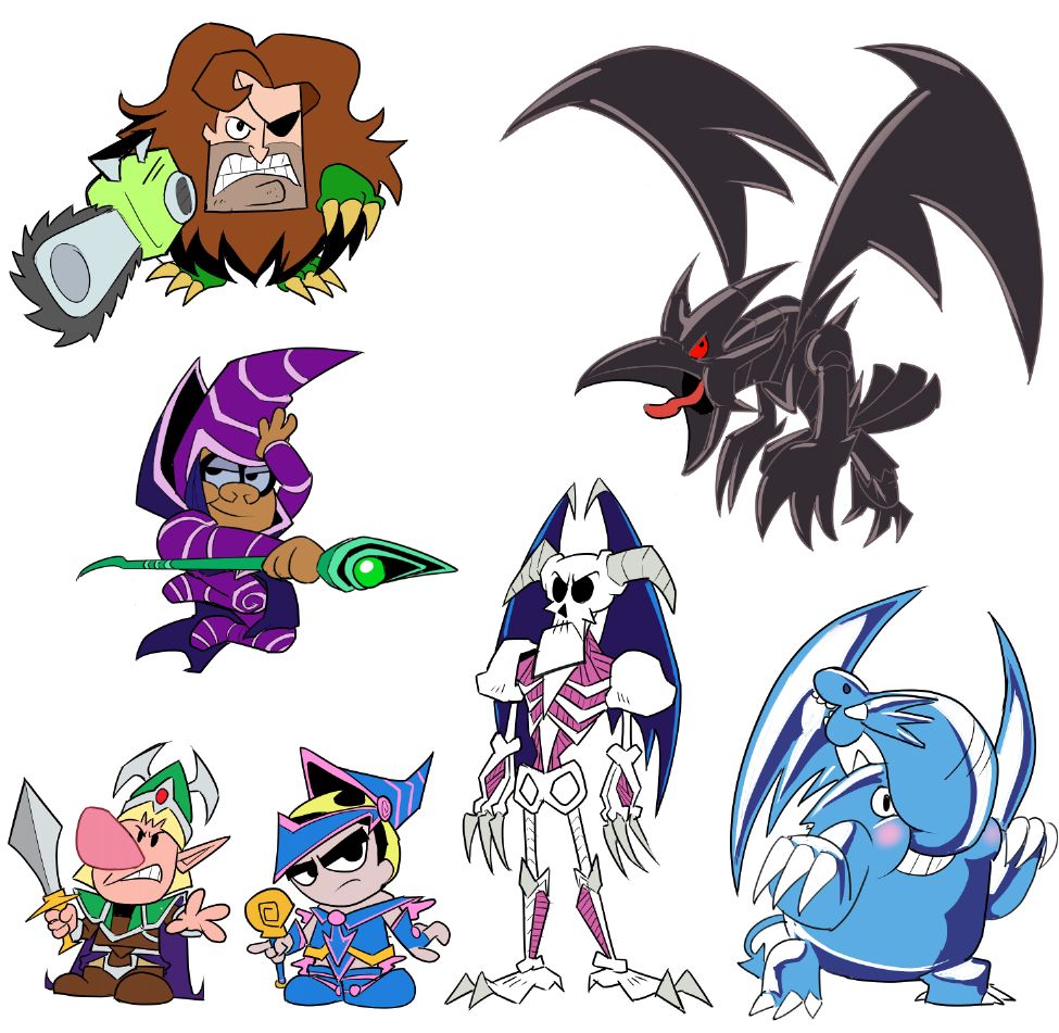 Drew the following Billy & Mandy characters as their corresponding Yugioh monsters:
- Hos Delgado as Kuribo
- Irwin as Dark Magician
- Billy as Celtic Guardian
- Mandy as Dark Magician Girl
- Grim as Summoned Skull
- Sir Raven as Red Eyes Black Dragon
- Fred Fredburger as Blue Eyes White Dragon