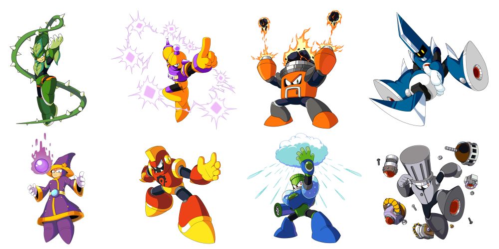 Robot Master Artwork of the SFR Robot Masters Their names are as follows:
Top row: Leaf Man, Zap Man, Coal Man, Dagger Man
Bottom row: Wizard Man, Axe Man, Soak Man, Trash Man