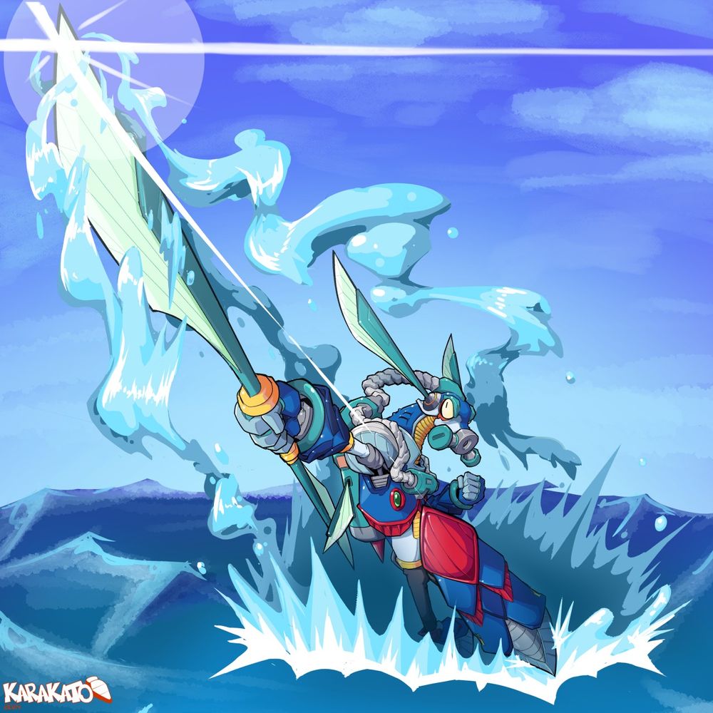 Splash Warfly emerging from the sea with his spear thrusting forward.