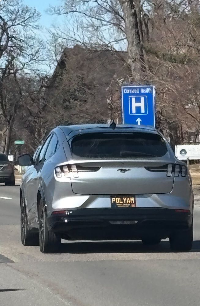 Mustang with “POLYAM” license plate 