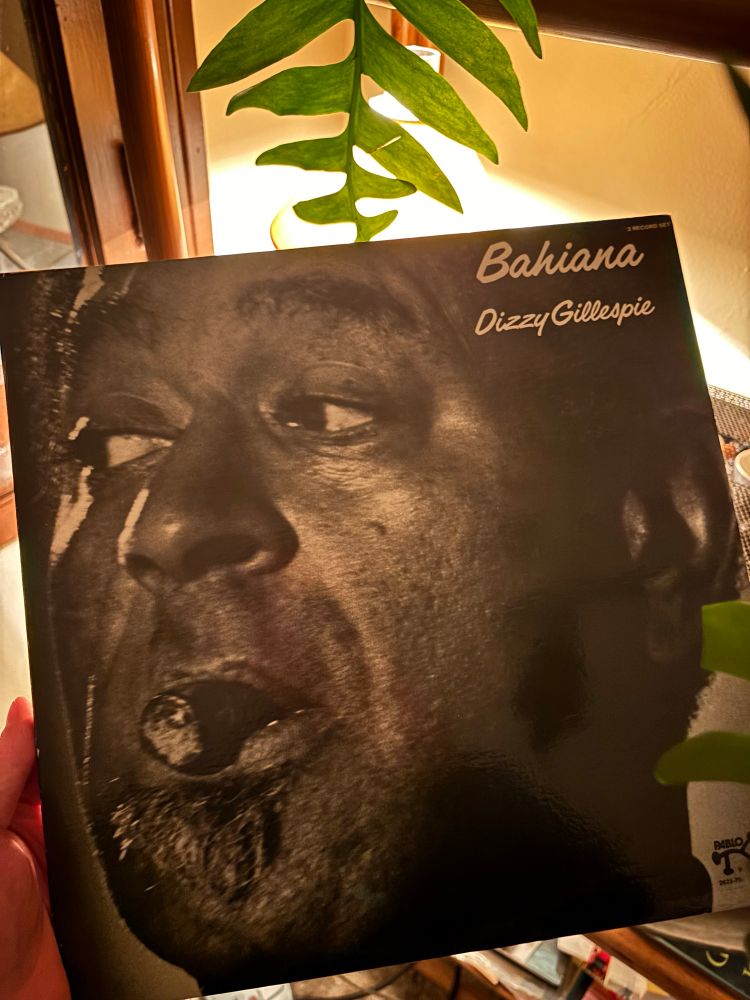 Album cover of “Bahiana” by Dizzy Gillespie on Pablo featuring a close up of the man himself chewing on what’s left of a cigar