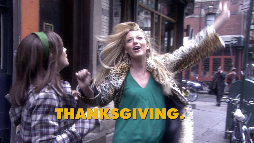 serena van der woodsen whirls drunkenly around in the streets of new york, wearing a leopard print coat and a green shirt dress, while blair waldorf attends her in a classic green headband and tartan plaid jacket 