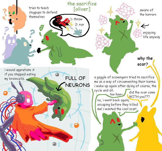 the sacrifice, oliver. text reads, "tries to teach slugpups to defend themselves" the first drawing of oliver is a green slugcat with an x-shaped scar on her chest offers a rock to a slugpup, explaining that you should first throw, then run away from lizards. the next drawing of oliver has her frolicing with a happy expression and flowery effects surrounding her, she is aware of the horrors but enjoying life anyway. the third drawing of oliver has her floating inside of five pebble's chamber, and he tells her, "I would appreciate it if you stopped eating my braincells". the fourth drawing is of oliver and banana, a neon yellow slugcat. banana asks, "why the scar?" to which oliver responds, "a gaggle of scavengers tried to sacrifice me as a way of circumventing their karma. i woke up again after dying of course, the cycle an all. tee hee!" banana responds, "did the scar come WITH you?" to which oliver replies, "No, I went back again, escaping before they killed me! i wanted the cool scar!" She winks at him. Banana has a worried expression.