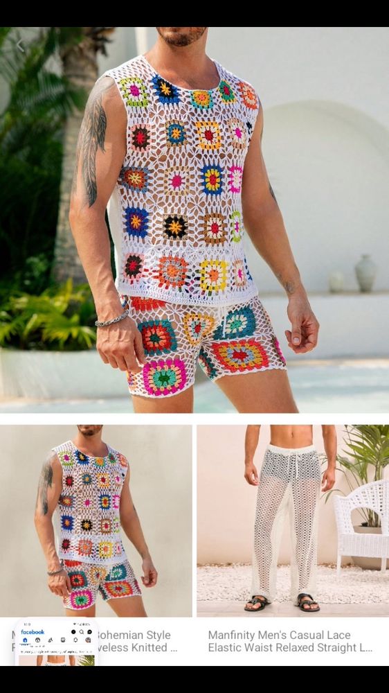 A man wearing colourful crochet top and shorts