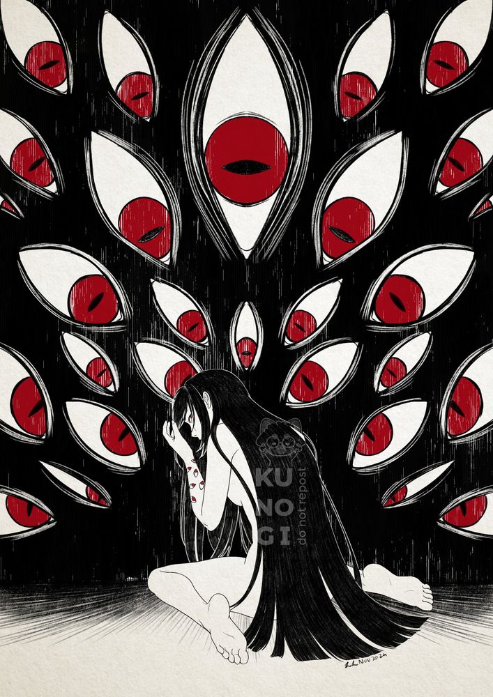 japanese entity dodomeki. a naked girl, with long, straight black hair, sitting on the floor with her back turned to the camera and looking back at the viewer. her hand is next to her face and her arm is covered in eyes. she's surrounded by huge eyes on a black background, all looking towards her in the center, including the ones on her arm