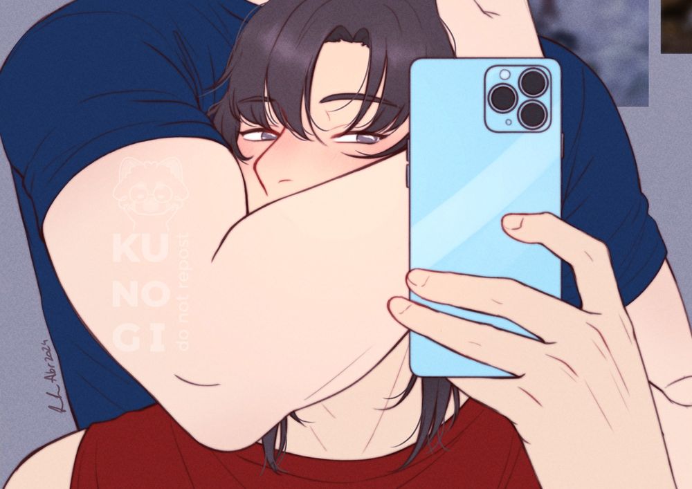 wwx holding in a phone in front of a mirror, taking a picture of lwj kinda choking he with his arm but in a good way