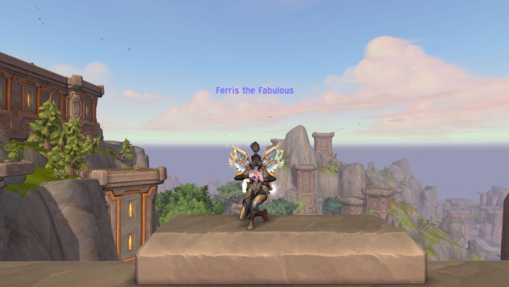 A screenshot of Ferrís-Stormrage in Dornogal.

Ferrís is a female Night Elf with long and shaggy black hair. She stands atop a bridge between the peaks of several mountains in the Earthen city of Dornogal.

The character is centered in the screenshot, and is wearing a Kyrian Angel-inspired transmogrification set featuring the following items:
- Helm: Pearlescent Monarch Helm
- Shoulders: Pearlescent Monarch Pauldrons
- Back: Selfless Wings of the Ascended
- Chest: Selfless Bearer's Chest
- Bracers: Selfless Bearer's Wrists
- Belt: Selfless Bearer's Waist
- Legs: Selfless Bearer's Legs
- Boots: Banded Sepia War Wraps

In the background of the image, a scenic view of Dornogal is showcased. The light blue skies of the city are loosely filled with soft, billowy clouds that almost resemble wisps of cotton candy.