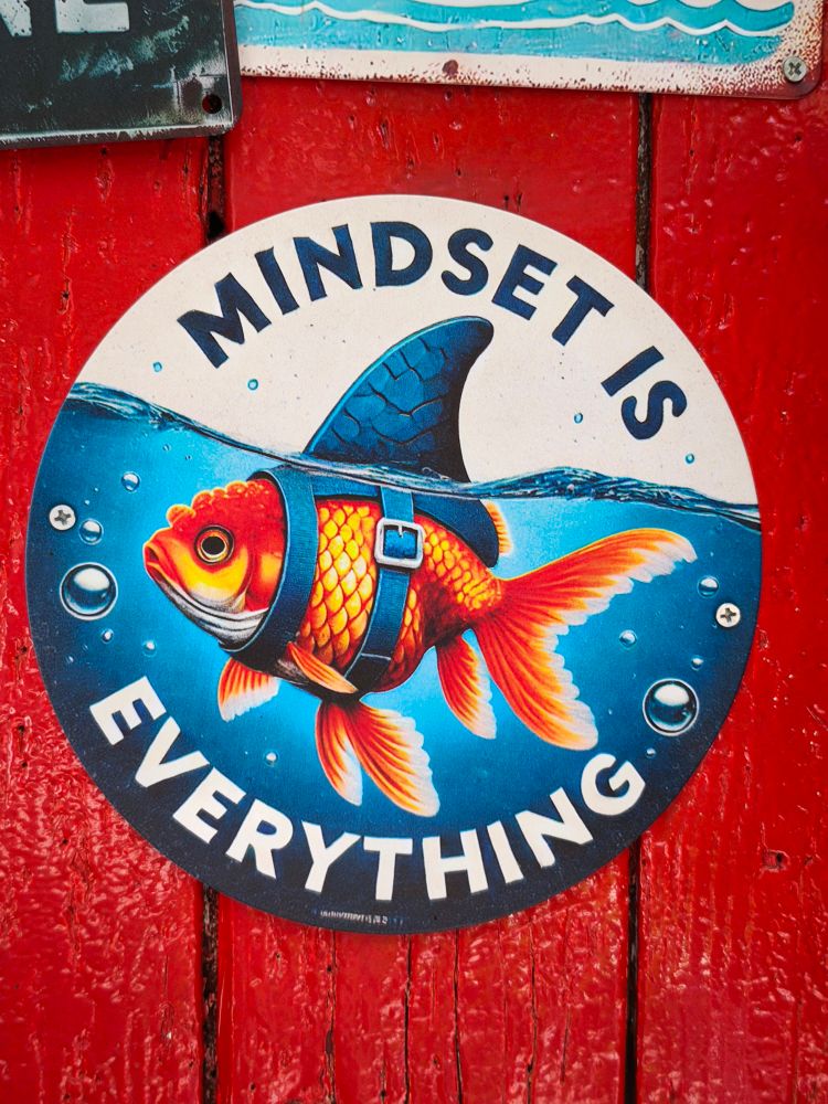 Rundes Schild auf einer rotlackierten Holztür.
Es ist in der Mitte ein Goldfisch zusehen, der eine Haifischflosse ungeschnallt hat.sein Körper schwimmt unter Wasser, die Flossen ragt heraus.
Über dem Wasser steht in blauen Buchstaben MINDSET IS
und unter dem Fisch EVERYTHING  in weißen Buchstaben.